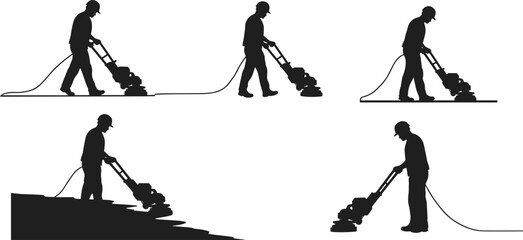 Floor cleaning illustration, construction worker, polishing machine, surface maintenance, safety helmet, industrial training, janitorial service, repair process, building renovation, workshop skills