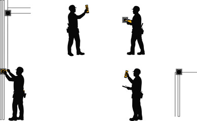 Electrical testing illustration, construction worker, multimeter use, outlet inspection, safety helmet, circuit measurement, repair process, industrial training, building renovation, workshop skills