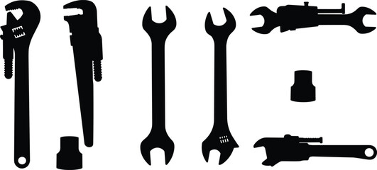 Hand tool silhouette, pipe wrench, open-end wrench, crescent wrench, caliper wrench, socket wrench, plumbing tools, repair equipment, construction tools, industry icons © Sojib