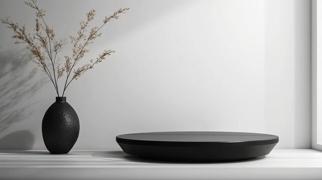 Minimalist interior scene with dark vase and textured bowl on a wooden surface
