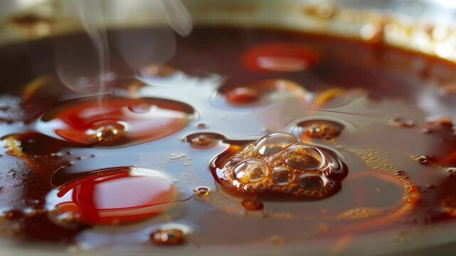 Hot noodle soup surface with drifting chili-oil pools and rising micro bubbles, captured in an ultra-macro view with warm spicy tones and soft steam creating a rich immersive food texture scene.
