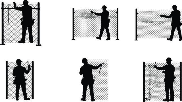 Chain-link fence installation, construction worker, fence repair, wire mesh, safety helmet, building renovation, manual labor, industrial training, repair process, workshop skills