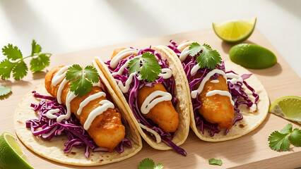 Three delicious fried fish tacos with purple cabbage, creamy sauce, and fresh cilantro, served on a wooden board with lime wedges.