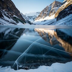 A scenic frozen lake in a mountain valley reflects the peaks and icy textures of the surface under a bright sky