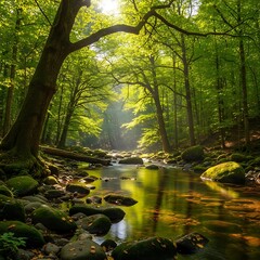 A scenic forest scene shows a flowing stream reflecting sunlight filtering through the lush green canopy. Moss covers the rocks