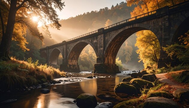 Abstract bridge crossings depicted in soft warm earth hues