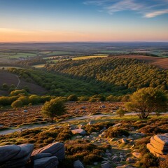 A scenic landscape captures a hilly terrain, with varied foliage and golden hour light cast upon the scene