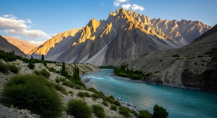 A scenic landscape showcases a turquoise river winding through a valley, flanked by mountainous terrain bathed in warm sunlight