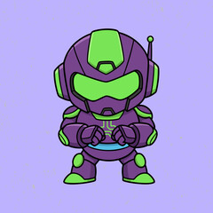 Adorable but tough robot character preparing for combat, illustrated in a clean flat design with solid colors and a confident warrior pose.