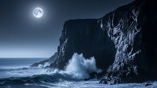 Dramatic Ocean Waves Crashing against Dark Sea Cliffs Under a Bright Full Moon at Night