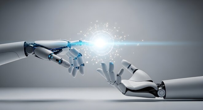 A robotic hand and a human hand reaching toward each other with glowing energy, symbolizing AI collaboration, advanced robotics, and the connection between humans and technology.