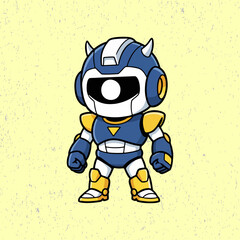 Cute fighter robot with a tough expression, posing bravely for battle in a simple flat vector design with strong lines and playful sci-fi vibes.