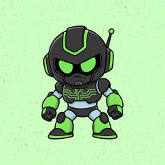 Cheerful yet intimidating robot ready to fight, drawn in a bright flat design with simple shapes, solid colors, and expressive details.