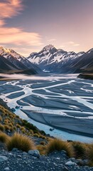 A scenic mountain landscape at dawn. The snow-capped peak is mirrored in the braided river, framed by golden grass