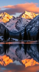 A scenic mountain landscape featuring snow-capped peaks illuminated by golden sunlight, reflecting in a serene lake below a colorful sky