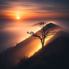 A scenic mountain vista at dawn. Silhouetted tree with birds against the sunrise. Misty atmosphere, golden light