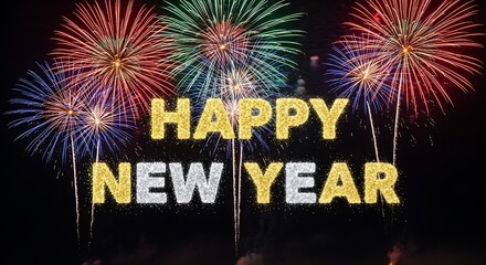 Vibrant and colorful fireworks explode in the night sky behind glowing golden text that reads happy new year