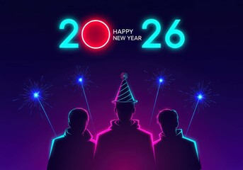 Silhouettes of three people celebrating new year 2026 with sparklers and neon light sign in dark background