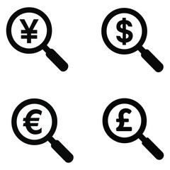 Currency search icons with dollar euro yen pound symbols under magnifying glass