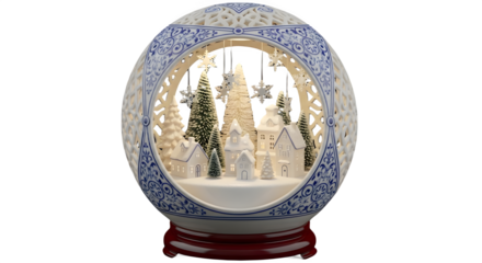 Beautiful decorative christmas globe featuring an illuminated winter village scene with trees, houses, and angels, set within a blue and white patterned sphere, isolated on transparent background