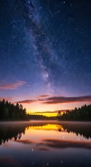 A scenic night scape showcases a starry night sky above a tranquil lake. The dawn's light reflects on the water's smooth surface