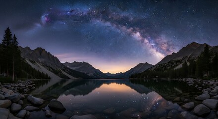 A scenic nightscape with the Milky Way arching over a tranquil lake, surrounded by mountains and trees. The water reflects the stars