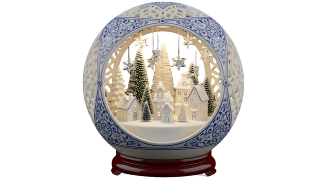 Beautiful decorative christmas globe featuring an illuminated winter village scene with trees, houses, and angels, set within a blue and white patterned sphere, isolated on transparent background