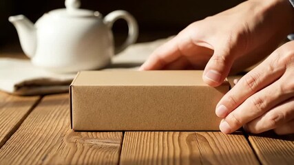 Person's hands gently placing a plain brown cardboard shipping box onto a rustic wooden table with a teapot in the background, perfect for unboxing videos and delivery service ads. - Powered by Adobe