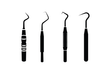 A set of dental scaler hook silhouette vector art illustration