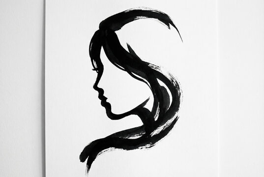 Elegant Black Silhouette of a Woman's Profile in Artistic Brush Strokes on Minimalist Background - Powered by Adobe