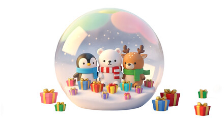Obraz premium Cute cartoon penguin, polar bear, and reindeer characters celebrating christmas inside a festive snow globe, surrounded by colorful gift boxes, isolated on transparent background