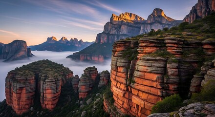 A scenic panoramic of layered red rock formations at sunrise, with a sea of fog and jagged mountain peaks in the distance