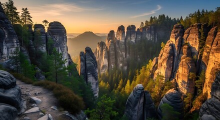 A scenic panoramic photograph showing a mountain pass at dawn. Tall rock formations are seen, illuminated by the sunrise, with a hiking trail