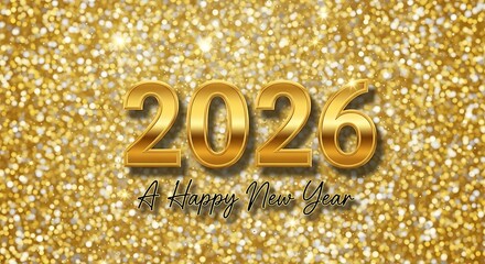 Golden 2026 numbers with a festive happy new year greeting on a sparkling glitter background