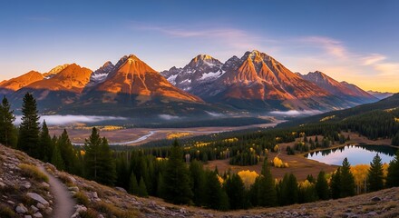 A scenic panoramic shot of mountains during sunset with a lake and forest in the foreground and a path