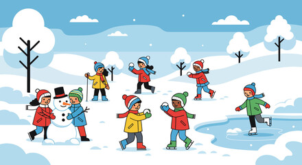 Delightful winter scene of children building a snowman, having a snowball fight, and ice skating on a frozen pond, capturing the joy and fun of a snowy day with friends and outdoor activities