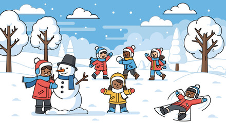 Children making snow angels and building a snowman in a joyful winter scene, enjoying snowy landscape and outdoor fun, celebrating the holidays with family and friends in a wonderland