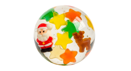 A clear bouncy ball containing miniature santa claus, a reindeer, and colorful star shapes, creating a festive and playful christmasthemed toy, isolated on transparent background