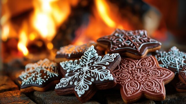Assortment of decorated star-shaped holiday cookies rests before a warm, glowing hearth - Powered by Adobe