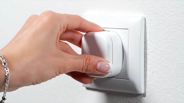 Close up shot of a woman's hand carefully unplugging a white electrical adapter from a modern white wall socket, symbolizing energy saving and conservation, perfect for home security and utility ads.