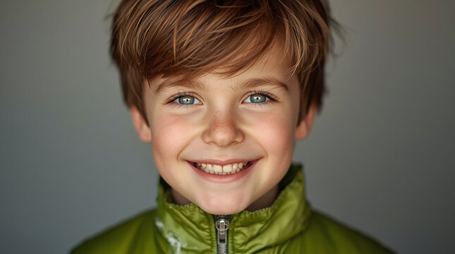 professional photo of a young boy with a bright and cheerful smile, rosy cheeks, and messy brown hair 1