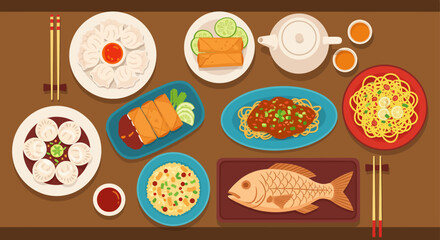 Enjoy a delicious Chinese food feast with dumplings, spring rolls, noodles, fried rice, and fish, perfect for sharing with family and friends at a vibrant restaurant or cozy dinner party