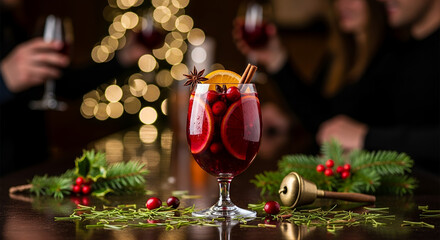 Festive beverage with fruits and spices on table during holidays  