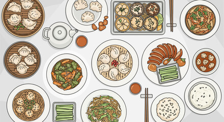 Authentic Asian cuisine featuring traditional dishes like savory dumplings, flavorful noodles, and perfectly roasted duck, inviting viewers to experience a vibrant culinary journey of Asia