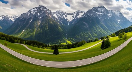 A scenic panoramic vista showcases towering peaks with snow, lush green meadows, and winding roads in a natural landscape