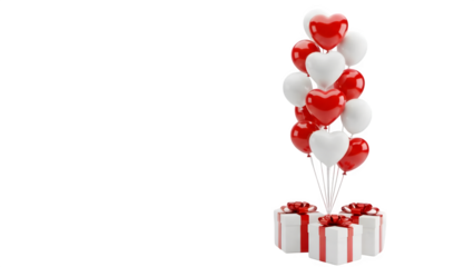 White, Red gifts and balloons display celebration love. Romantic mockup, poster, digital art.