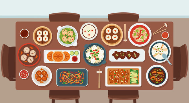 Delicious spread of Asian cuisine ready to be enjoyed, showcasing various dim sum, noodle dishes, and flavorful entrees perfect for a gathering or food blog illustration