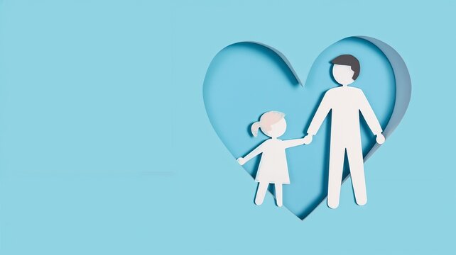 Father's Day card design featuring a father and daughter silhouette holding hands, with a heart background, copy space for text