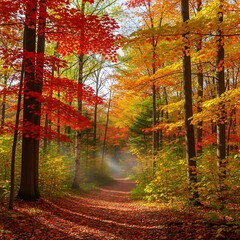 A scenic path winds through a vibrant autumn forest, showcasing trees with brilliant red, yellow, and orange foliage, bathed in sunlight