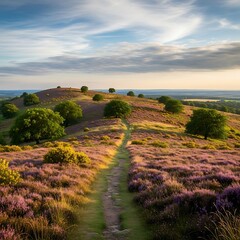 A scenic path winds up a rolling hill blanketed in purple wildflowers and dotted with trees under a bright sky